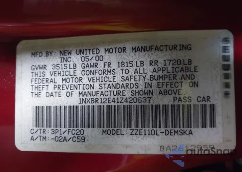 2001 Toyota Corolla S from USA, damaged, VIN 1NXBR12E41Z420637